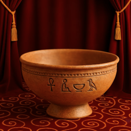 The 4th gift Ceramic bowl with Egyptian hieroglyphs against a red curtain backdrop.